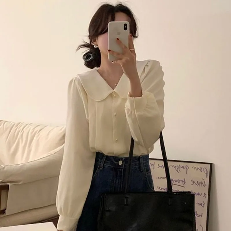 

Шикарный весенний антивозрастной повседневный свободный кукольный воротник Bubble Sve, цветная блузка, женский топ irt, модный универсальный хлопковый...