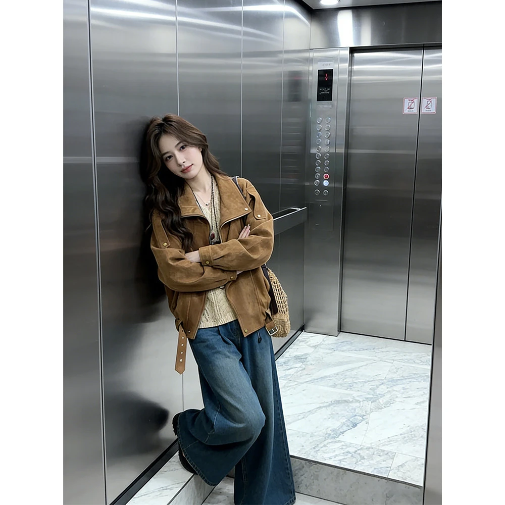 Early Autumn Suede Jacket Women's Casual Style Beautiful Unique Thickened Long Sleeve Polyester Lined Outerwear