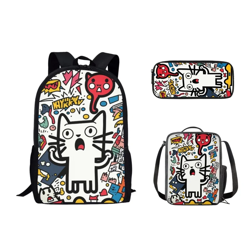 3Pcs Cartoon Cat Illustration Print School Bag for Teenager Boys Girls Backpack Lunch Bag Pencil Bag Student Casual Backpack