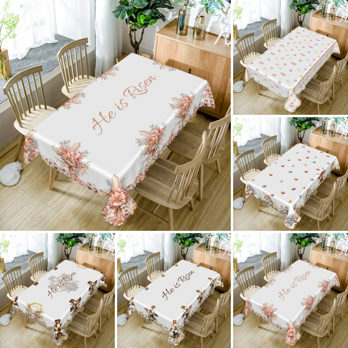 Easter He Is Risen Waterproof Tablecloth White Cross Floral Design Religious Christian Holiday Dining Decor Party Table Cover