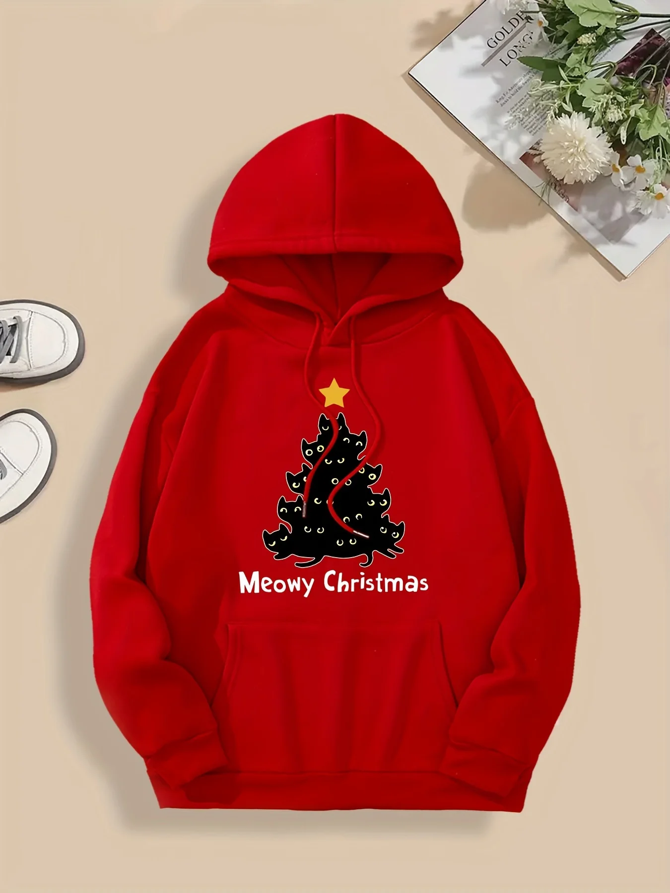 Świąteczna bluza damska z kapturem na jesień i zimę z nadrukiem kota i choinki, bluza Y2k, bluza z długim rękawem, odzież codzienna damska