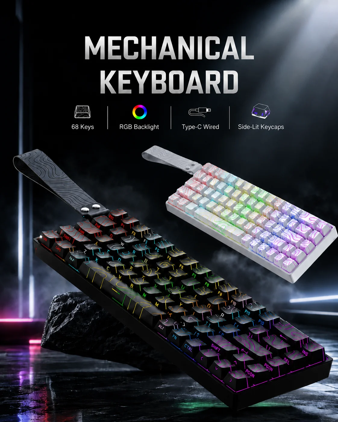 68 Keys Wired Mechanical Keyboard RGB Backlit Hot Swappable Type-C Gaming Keyboard Side Engraved Keycaps for PC Laptop