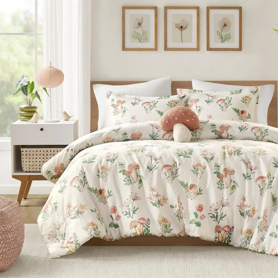 

Queen Comforter Set, Whimsical Floral amp Mushroom Cottage Design, Microfiber Lightweight All Seasons Down Alternative Bedding,