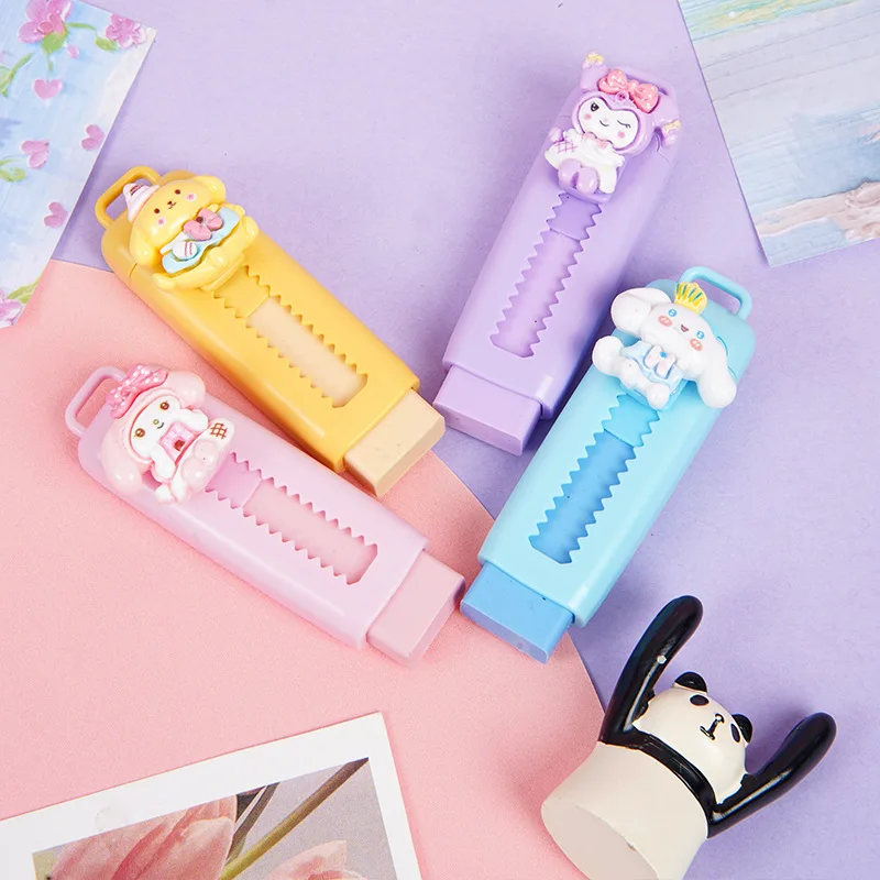 24pcs/lot Sanrio Melody Cinnamoroll Push Pull Eraser Cute Writing Drawing Pencil Erasers Stationery For Kids Gifts School Supply