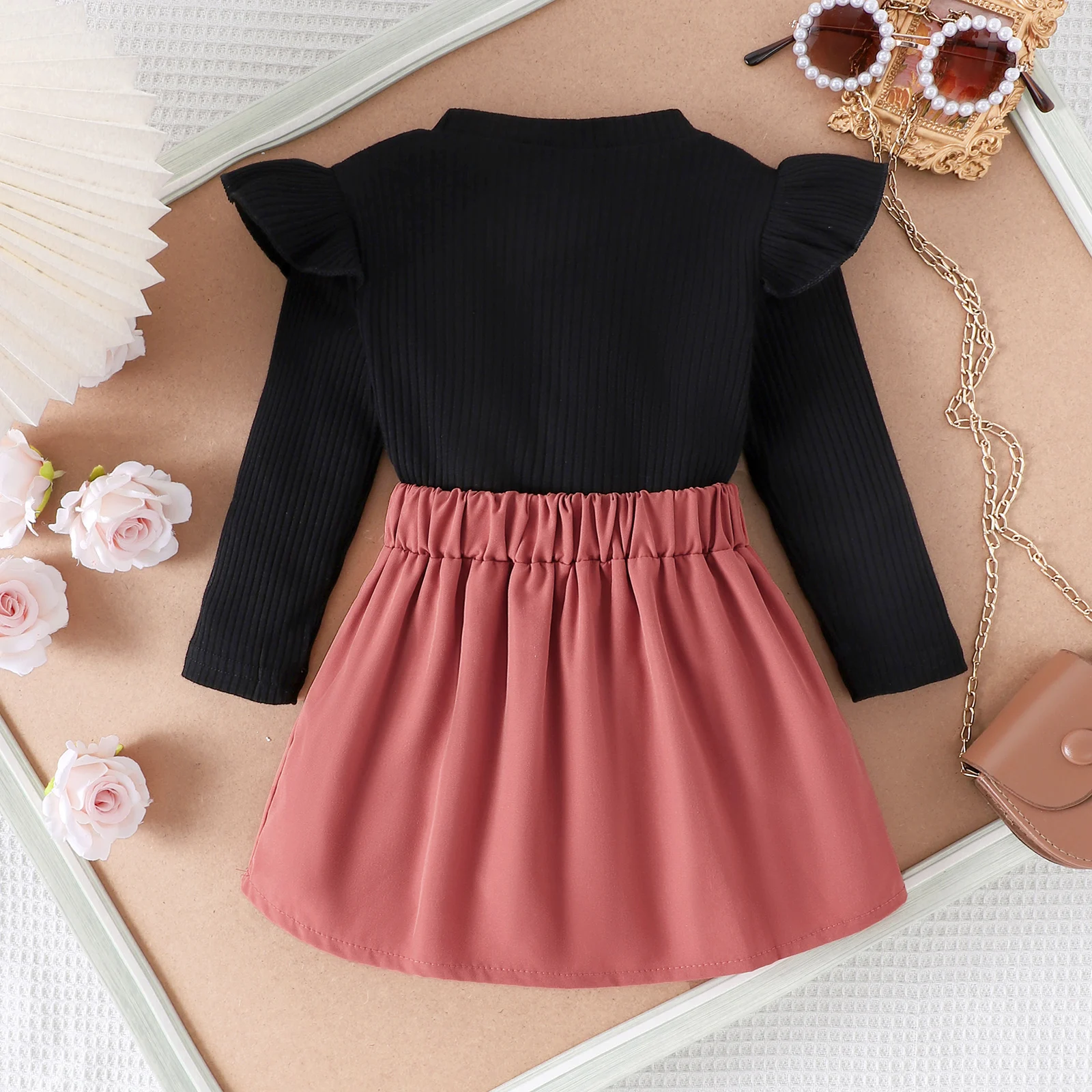 2PCS Autumn 1-4 Years Old Girl Baby Comfortable Simple Preppy Style Solid Color Long-Sleeved Top + Short Skirt Set