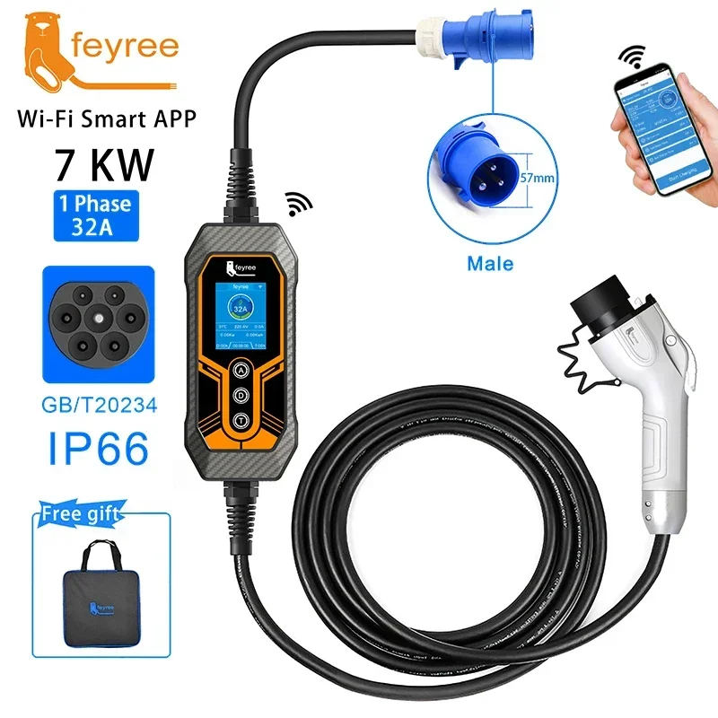 feyree GB/T Portable EV Charger 32A 7KW 1Phase APP Bluetooth Version EVSE 11KW 16A 3Phase Cable 5m CEE Plug for Electric Vehicle