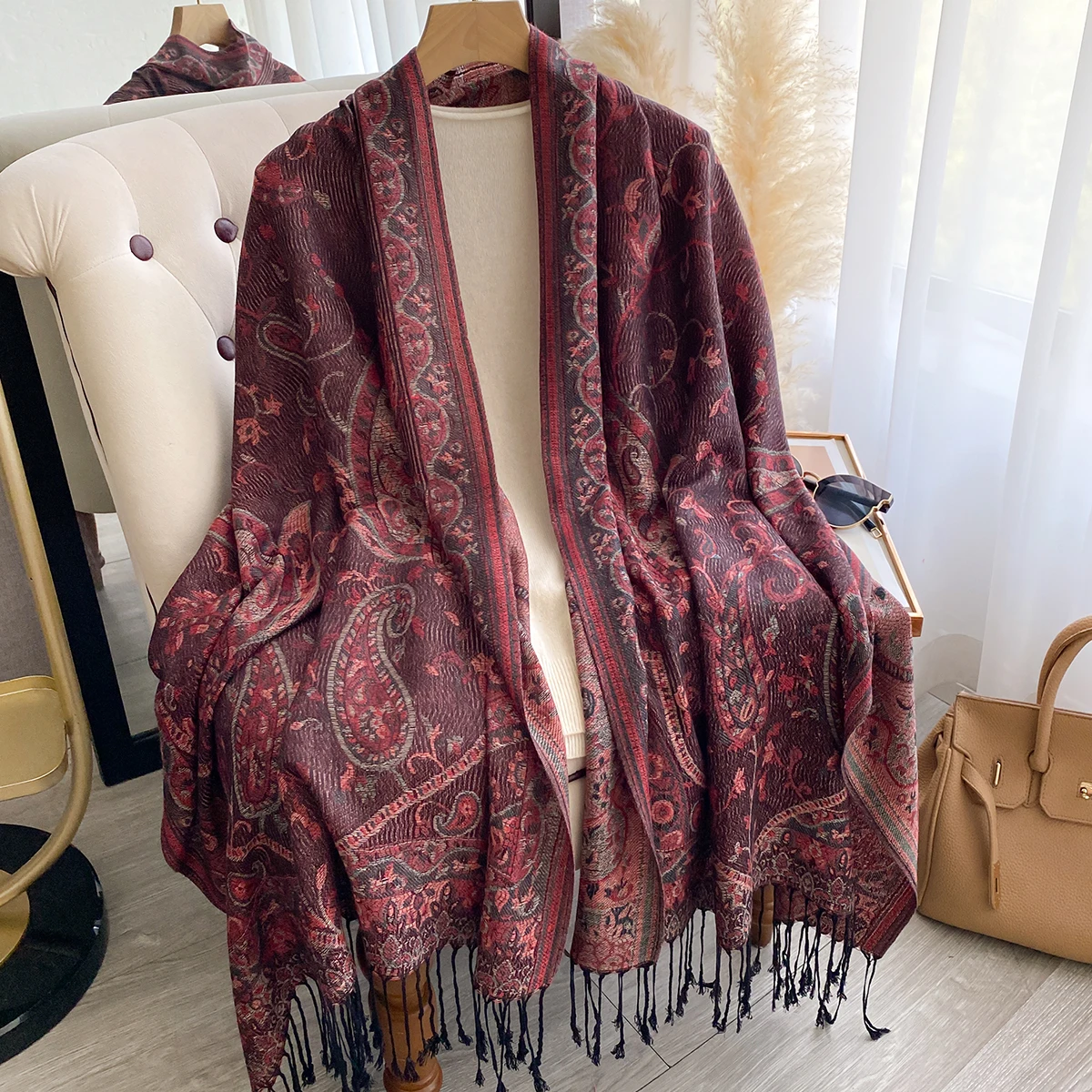 Luxuriöser Winter-Damen-Kaschmirschal – bedruckter, mit Quasten bestickter Schal, warmer Pareo-Umhang und eleganter Poncho – Detail 17