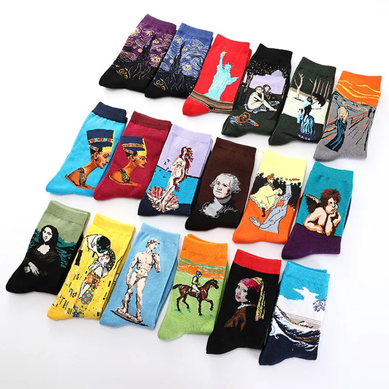 5 Pair/lot Colorful Men\'s Socks Harajuku Happy Funny Causal Cotton Socks Starry Night Art Oil Painting For Christmas Gift