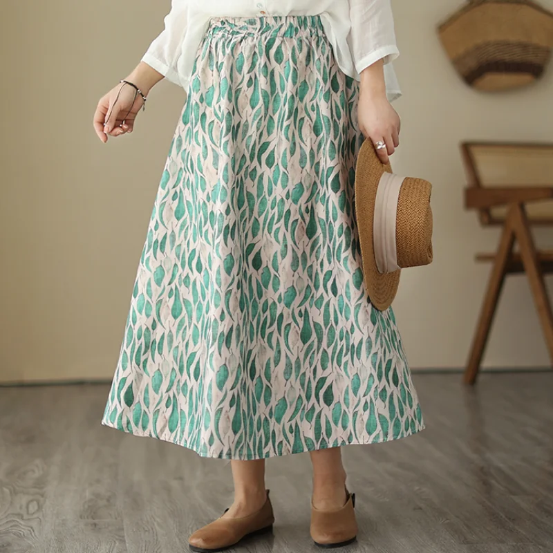 

Elegant Elastic Waist A-line Skirt Floral Print Leaf Midi Long Skirt Large Hem 2023 Summer New