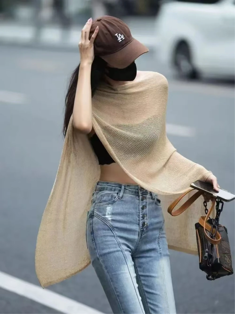 

Irregular Cape Shawl Sun Protection Sunscreen Air Conditioning Clothes Women Loose Thin Ice Silk Knitted Top