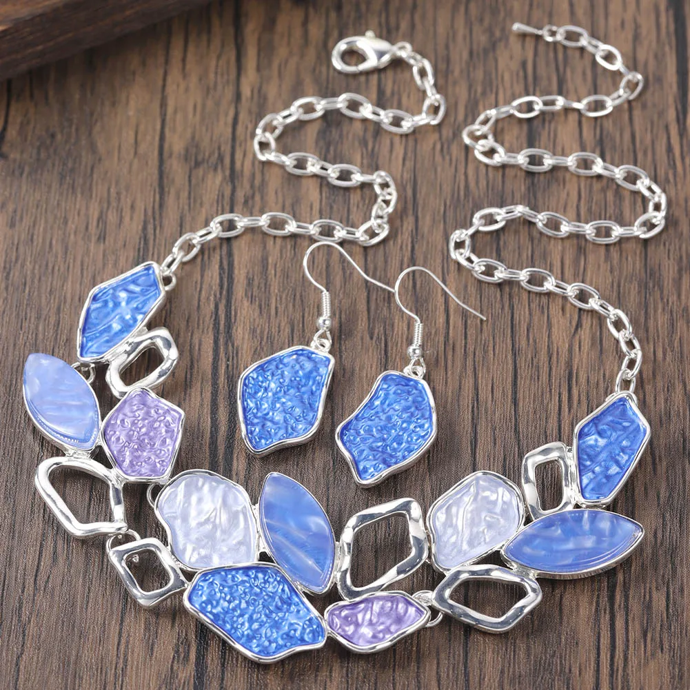 Women's Blue Enamel Geometric Necklace Set, Elegant Gift