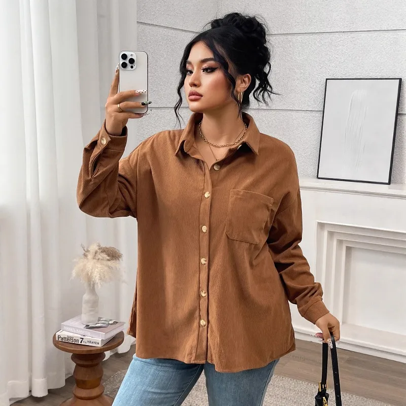 KEXU 2025 신상 가을 겨울 여성 셔츠 코트 플러스 사이즈 아우터 솔리드 컬러 라펠 코듀로이 캐주얼 재킷