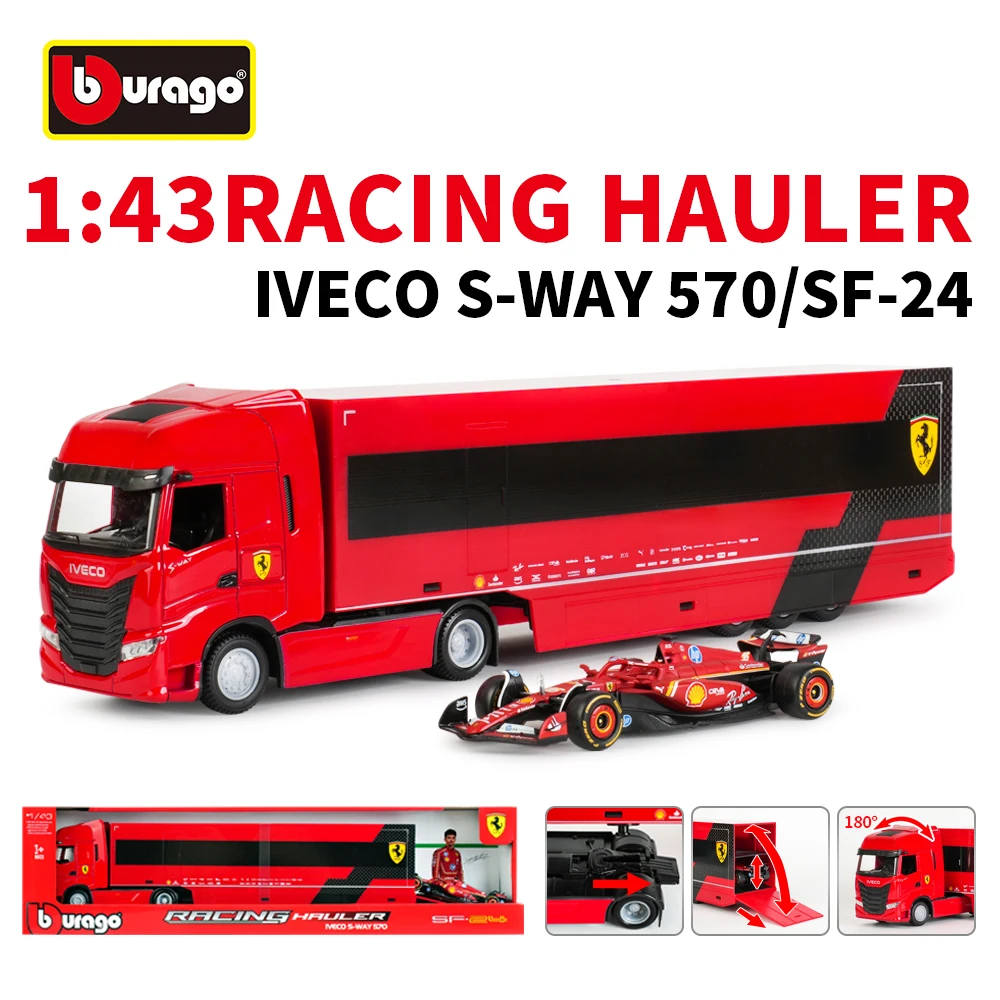 ブラーゴ-1-43-レーシング-フェアリング-イベコ-s-ウェイ-2024-フェラーリ-sf24-16台のf1レーシングフォーミュラカー静的シミュレーションダイキャスト合金モデルカー