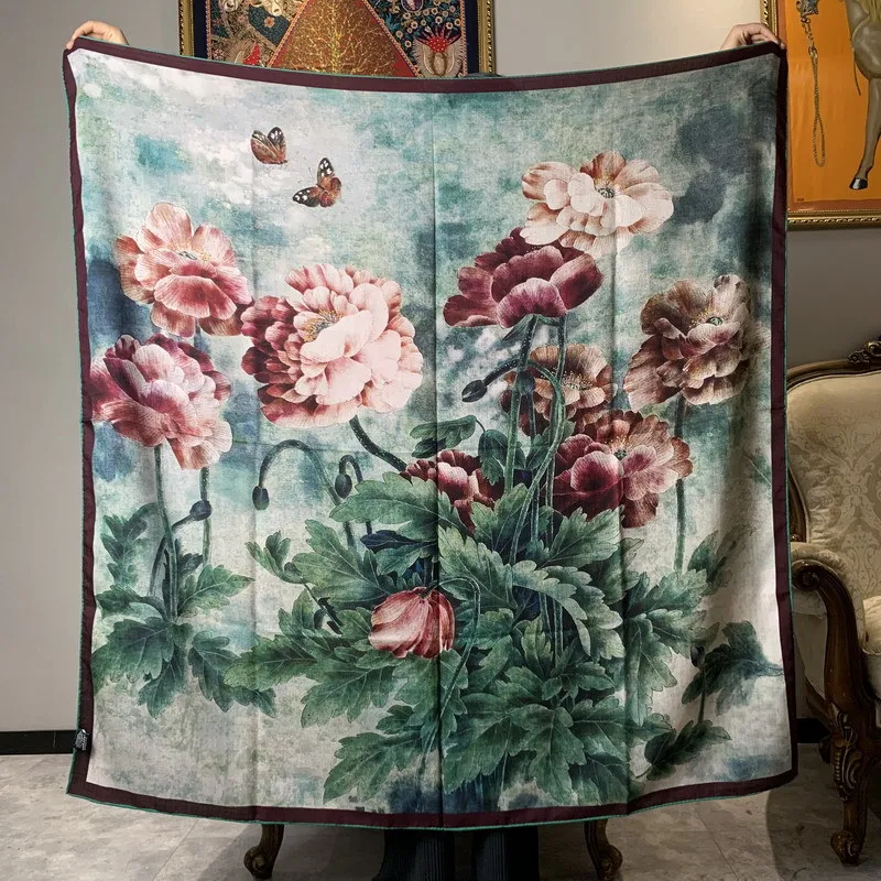 

High-end Elegant Women Exquisite Butterfly Flowers Double-sided Print Quality Silk Wool Handrolled Edge Large Square Scarf Shawl