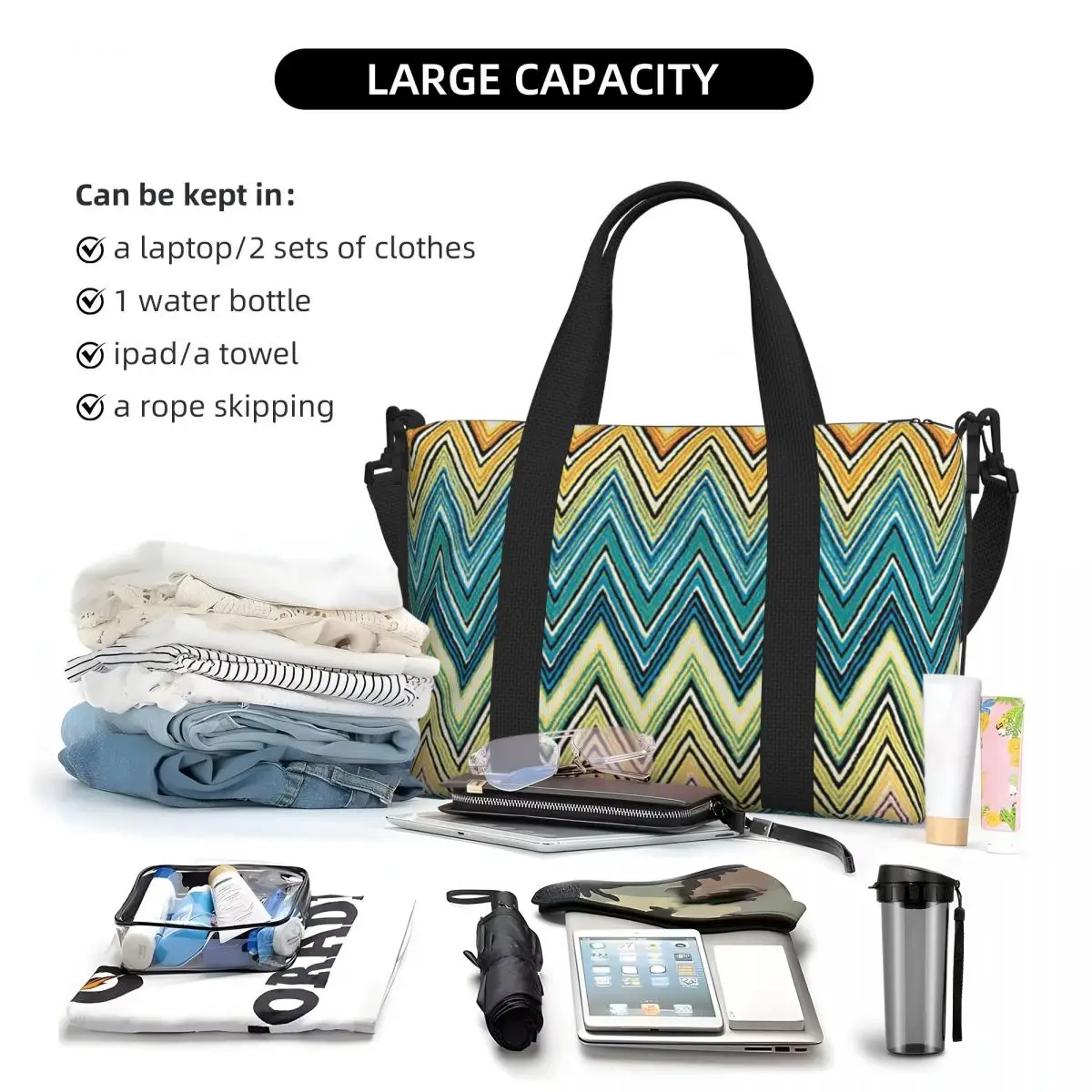 Boho Chic Modern Zigzags Geometric Multicolor5 Beach Travel Bag Tote Bags for Gym Sport Women Shopping Duffle Shoulder Bag