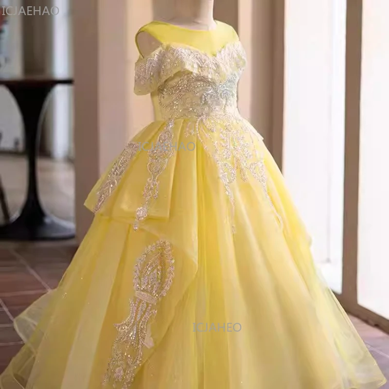Girls Birthday Yellow Princess Dress Puffy Tulle PartyGirl Wedding Occasion Gown Children Pageant Host Performance Piano Flower