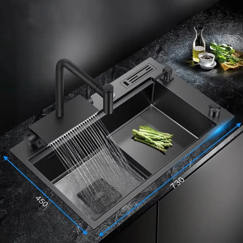 Nanometer Black Stepped High-low Kitchen Sink SUS 304 Stainless Steel Handmade Above Mount with Waterfall Faucet Draining Board