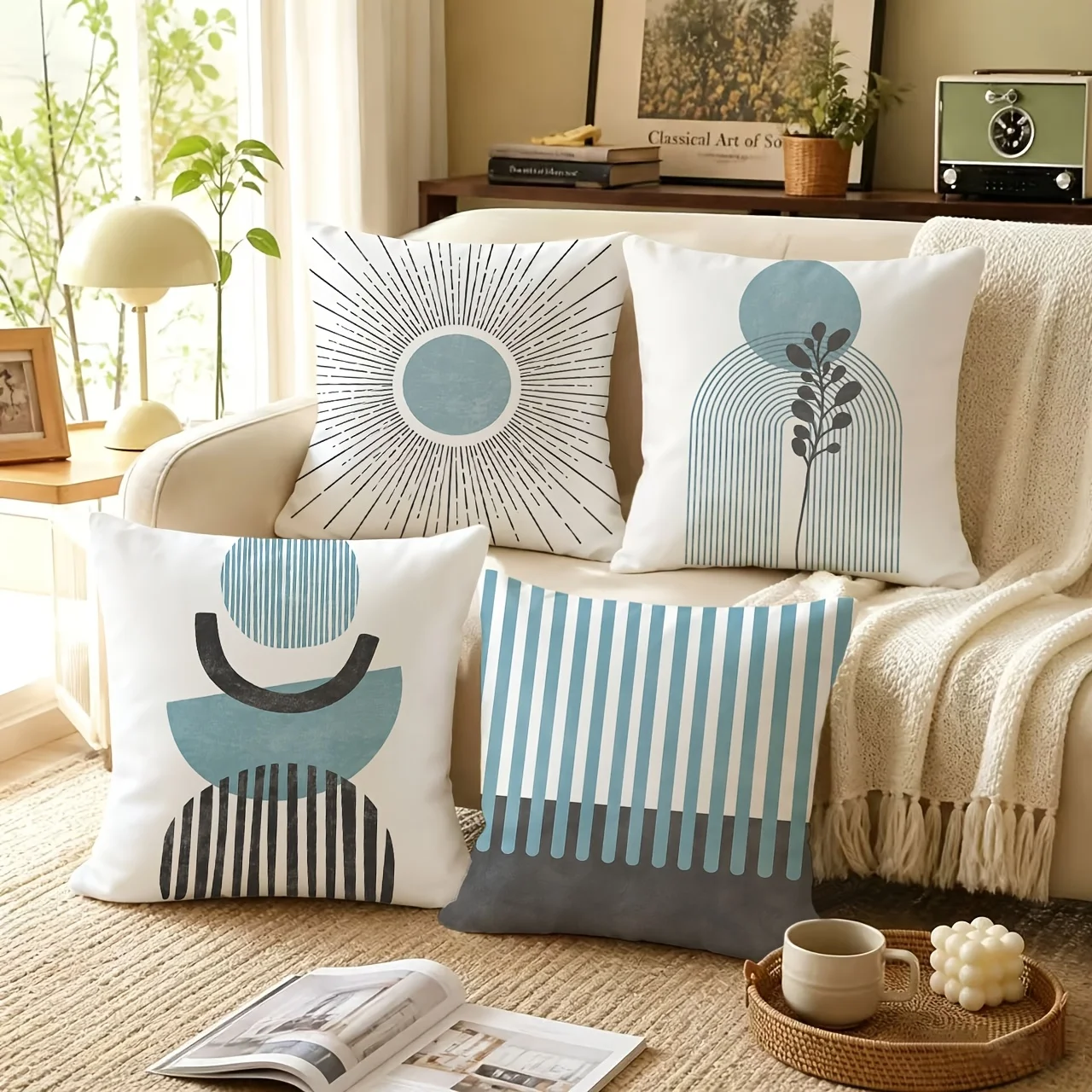 4pc Boho Throw Pillow Covers Mid Century Modern Geometric Abstract Decorative Pillow Cases for Sofa Bedroom Living Room