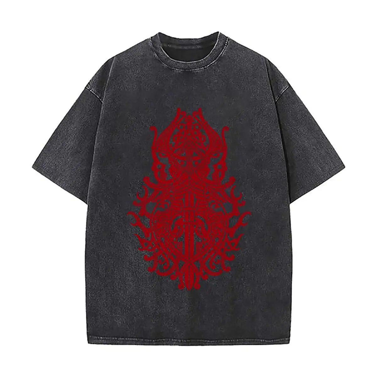 Tyr Norse Mythology Viking Knotwork Sword Red Art Washed Short Sleeve Loose Streetwear Tee Hip Hop