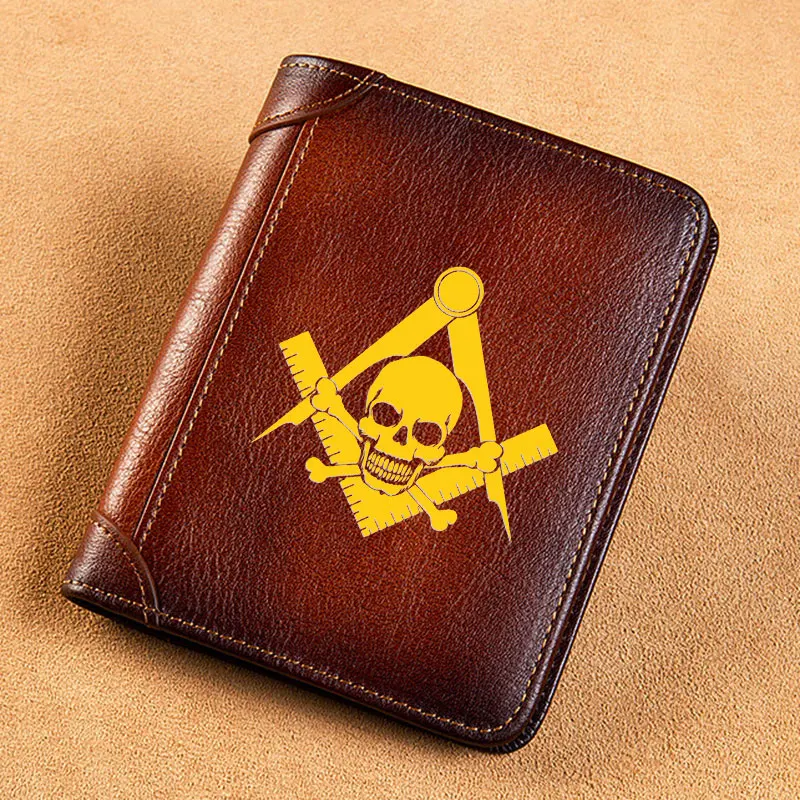 

High Quality Genuine Leather Men Wallets Golden Masonic Skull Sign Short Card Holder Purse Trifold Men's Wallet BK3831