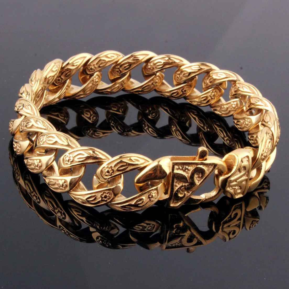 New Fashion Mens Bangle 15mm Solid Gold color  Stainless Steel Cast Flower Cuban Link Chain Bracelet 9\