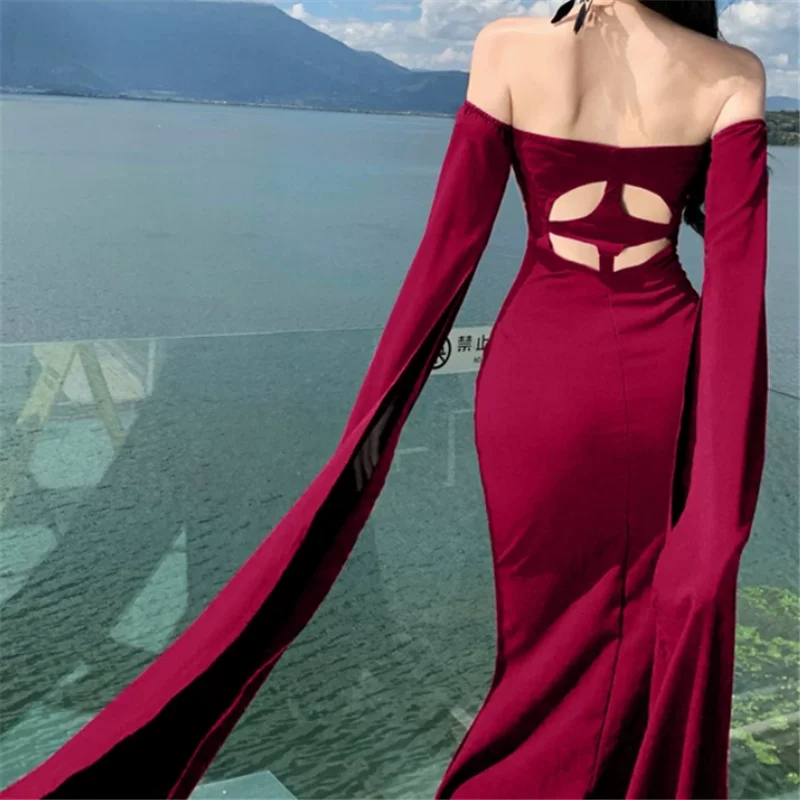 Elegant Stunning Black Burgundy Long Evening Party Dress Backless Off Shoulder Strapless Floor Length Trailing Cocktail Dress