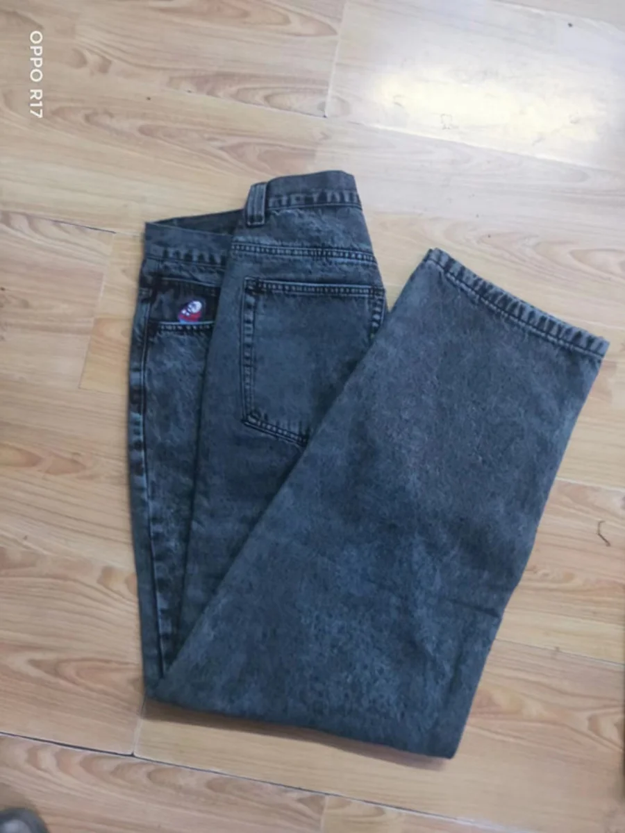 

Trendy Loose Wide Leg Jeans High Waist Cotton Denim Big Boy Floor Length Dyed with Fried Sand Casual Straight Cut Jeans