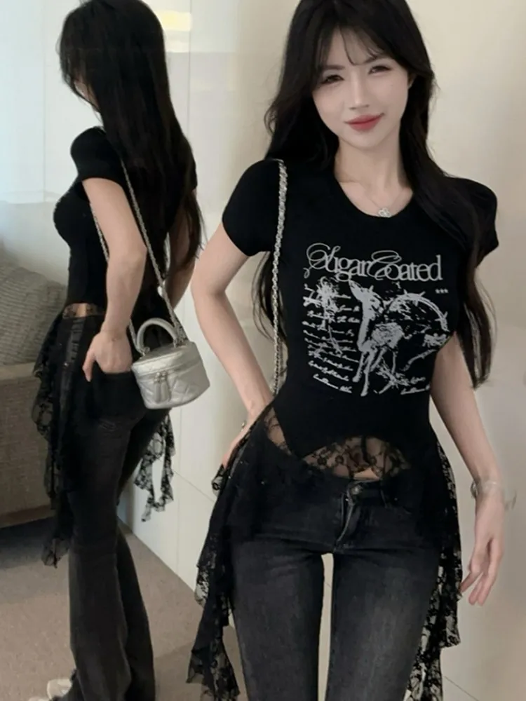 Summer Short Sleeve T-Shirt Women's Lace Patchwork Uneven Design Sensation Unique Beautiful Short Trendy Top Commute Style Ko...