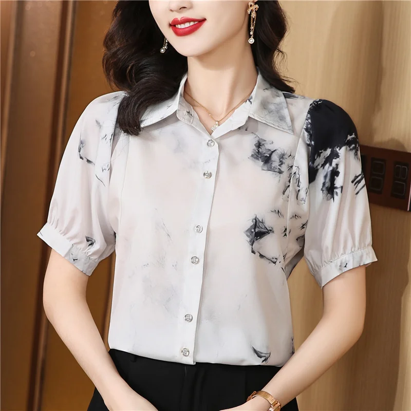 

Атласные женские блузки, корейские рубашки, МОДНЫЕ свободные весенне-летние винтажные одежды, женские топы с короткими рукавами и принтом