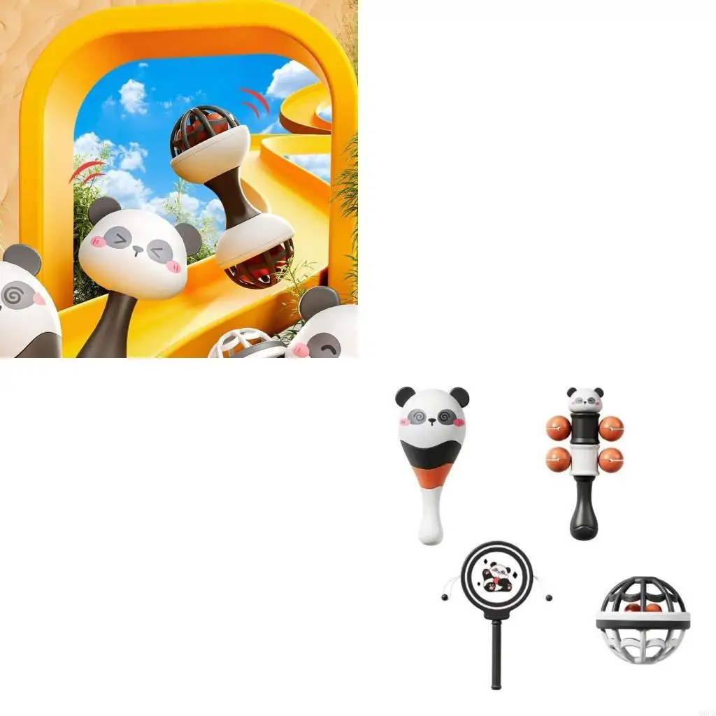 Chocalhos pelúcia para bebês, tema panda desenho animado para crescimento sensorial e habilidades motoras, chocalhos