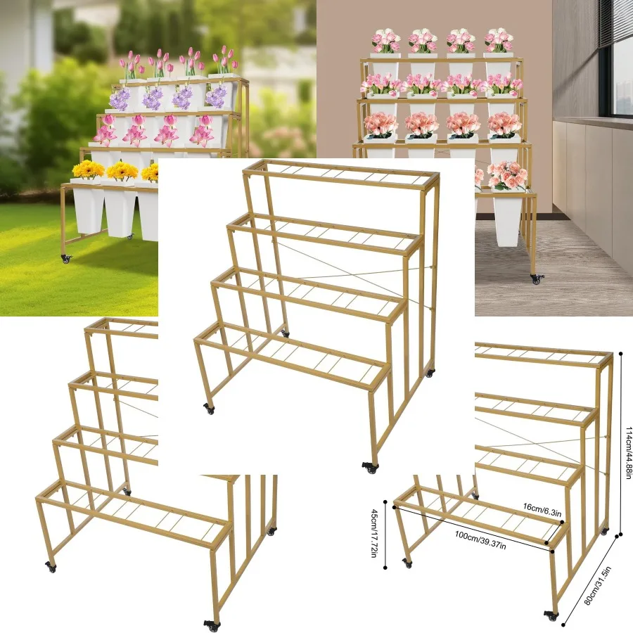 Flower Display Stand with Buckets, 4 Layers Metal Plant Stand with 16 Buckets, Moving Florist Bouquet Shelf for Fresh Flower Sh