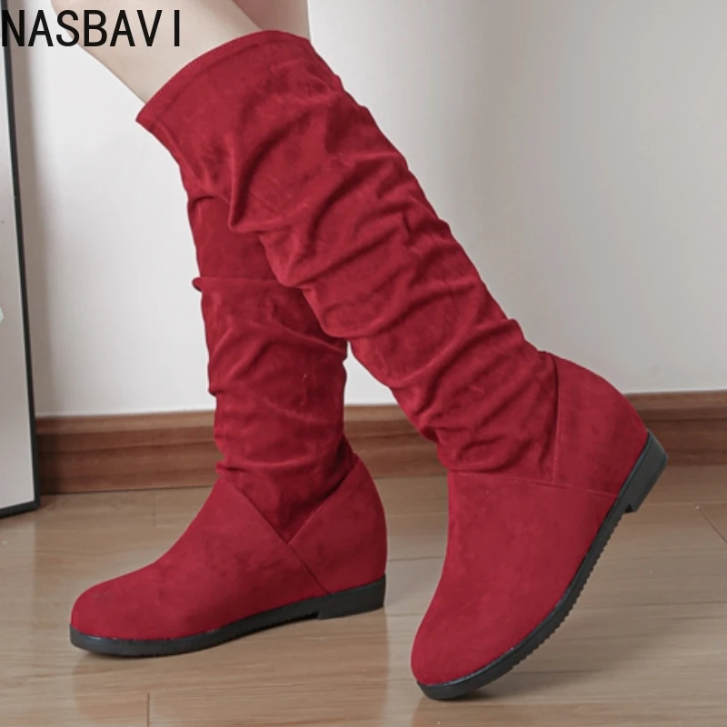 

Pleated Faxu Suede Red Knee High Boots Black Brown Winter Women's High Boots Casual Low Heels Fashion Long Footwear Shoes Ladies