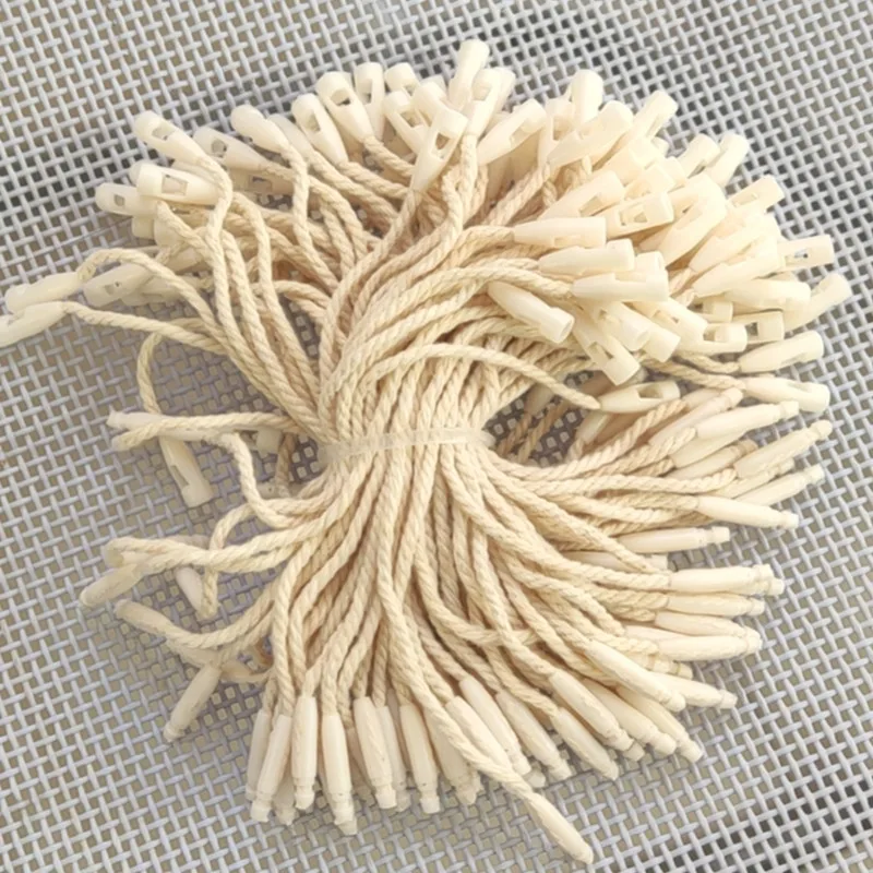 100pcs Cotton Tag Strings 10 CM Snap Lock Pin Loop Tie Fasteners Small Tag Cords Beige cotton Garment Tags Ropes