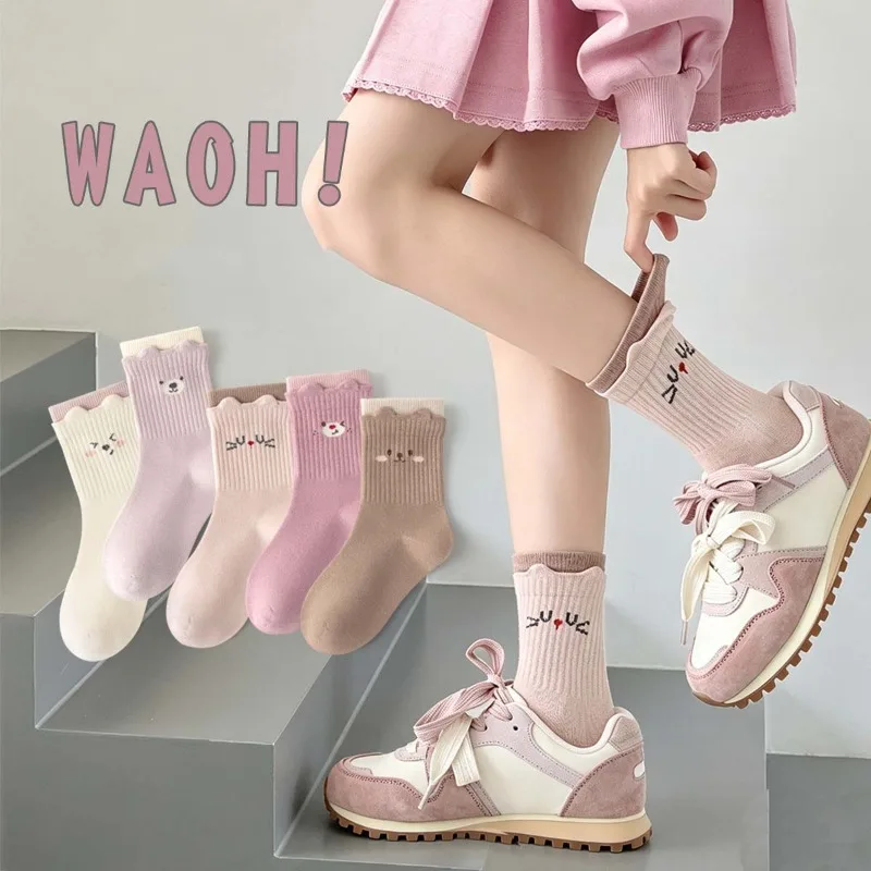Autumn Winter Kids Girls Socks RAISE YOUNG Sweet Cartoon Printed 3-12Y Girls Socks Spliced Toddler Girls Seamless Mid Tube Socks