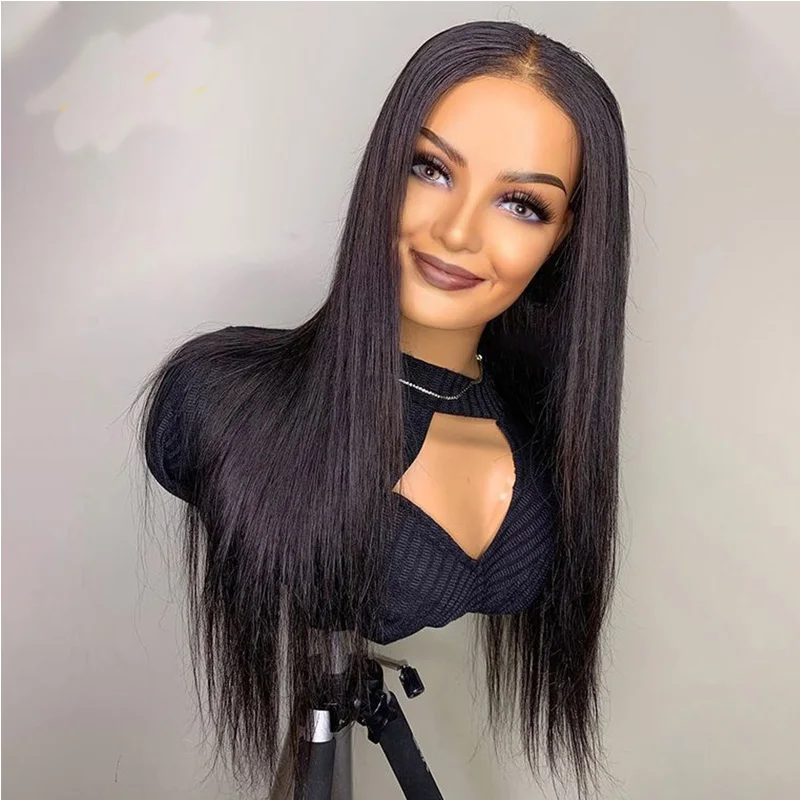 

180%Density 26Inch Natural Black Silky Straight Long Preplucked Glueless Lace Front Wig For Women With Babyhair Soft Daily Wigs