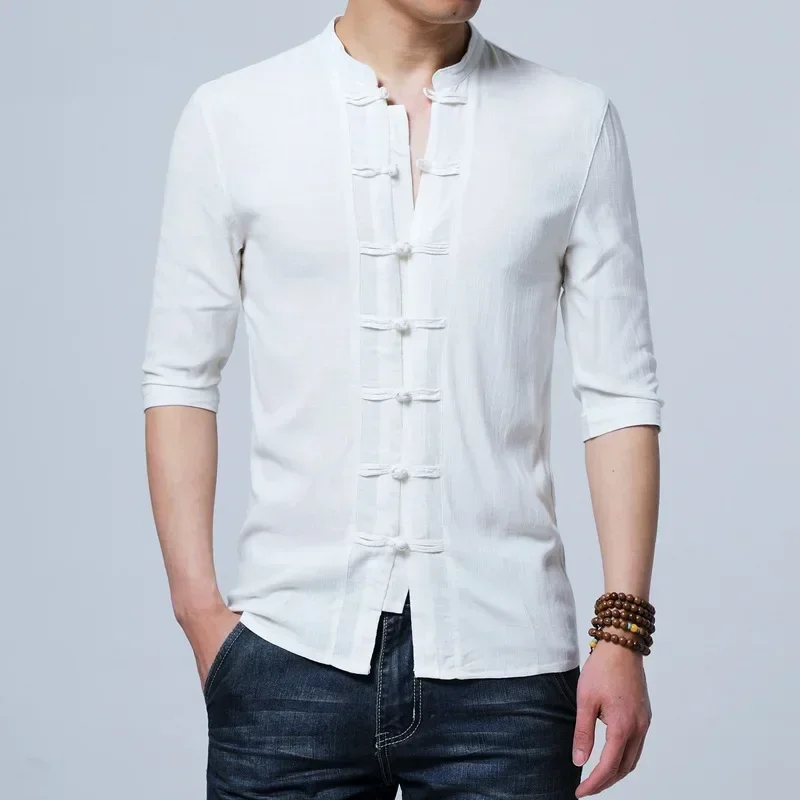 Tradictional Chinese Clothing For Men Kung Fu Tai Chi Tang Suit Style Tops Half Sleeve Cotton Linen Chinese Style Shirts