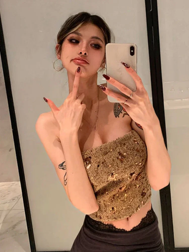 

Укороченные топы с блестящей вышивкой, модные летние майки, женские темпераментные туники с открытой спиной, майки, сексуальные майки Y2k, топ без рукавов, жилет, Ropa Mujer