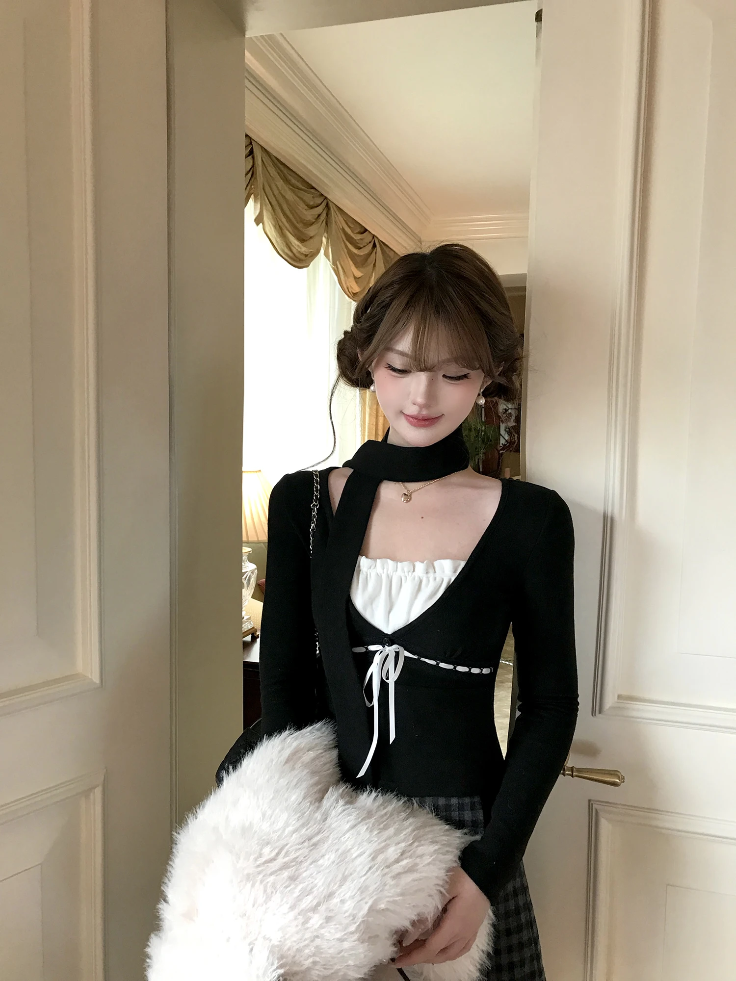 

Женский вязаный топ Pokemeng Winter Knot Faux Two-Piece Pure Desire с длинным рукавом, бархатный, стандартный крой