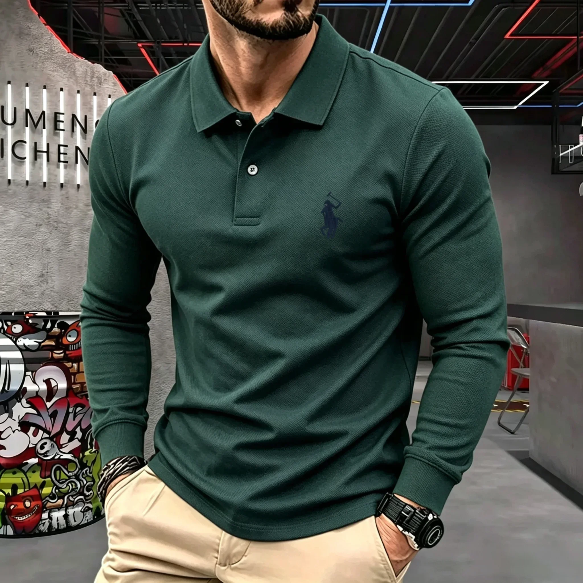 100% reine Baumwolle, hochwertiges Marken-Herren-Langarm-Poloshirt, Herbst-Winter, modisch, luxuriös, bestickt, Golf-Oberteil, lässiges T-Shirt – Detail 7