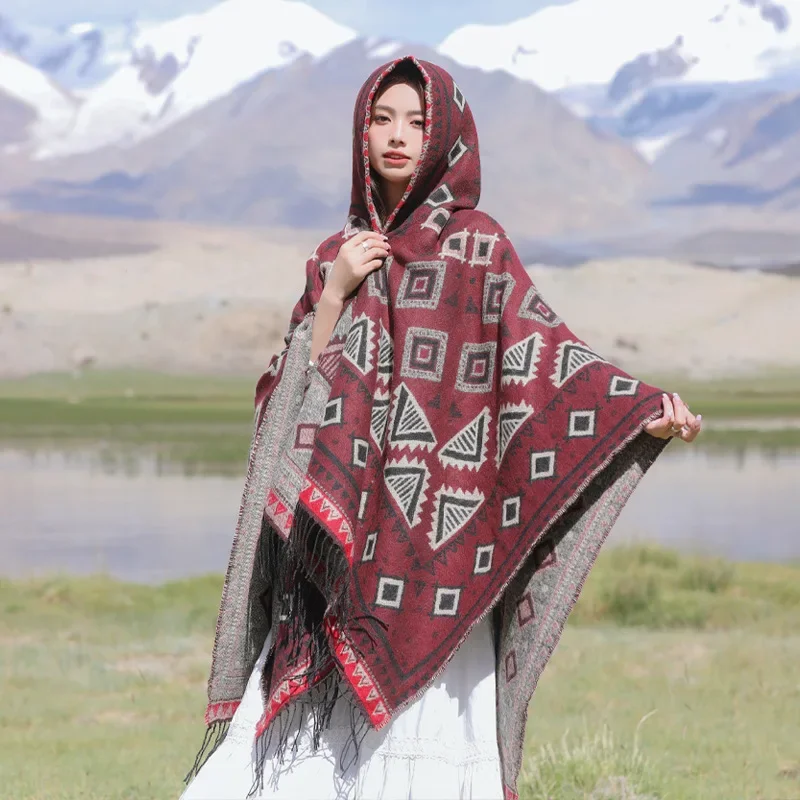 Poncho à capuche en faux cachemire pour femme, streetwear, optique mi-longue, châle, grand pendule, adt Everak, automne, hiver, T177