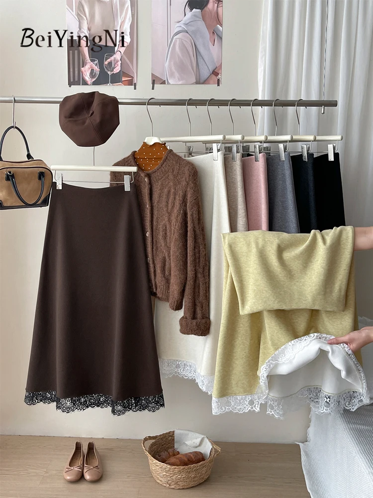 

Beiyingni 2025, зимние женские флисовые длинные юбки, кашемировая элегантная юбка с кружевом, женская шикарная французская черная розовая юбка Fladas