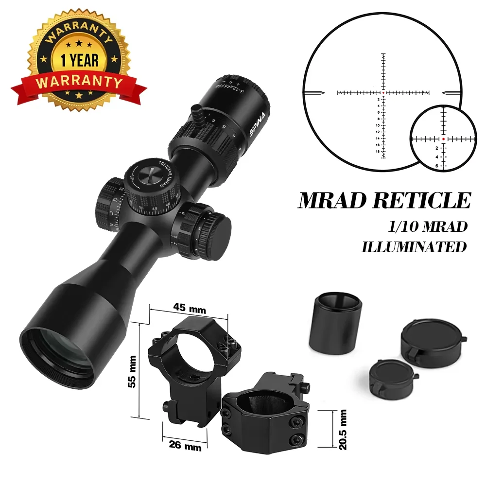SPINA OPTICS Riptide HD 3-12x44 FFP SFIR Kompakte Zielfernrohr Optik Tactical Jagd Seitliche Parallaxenverstellung für Karabiner AR15 PCP .308 5.56 22LR 9