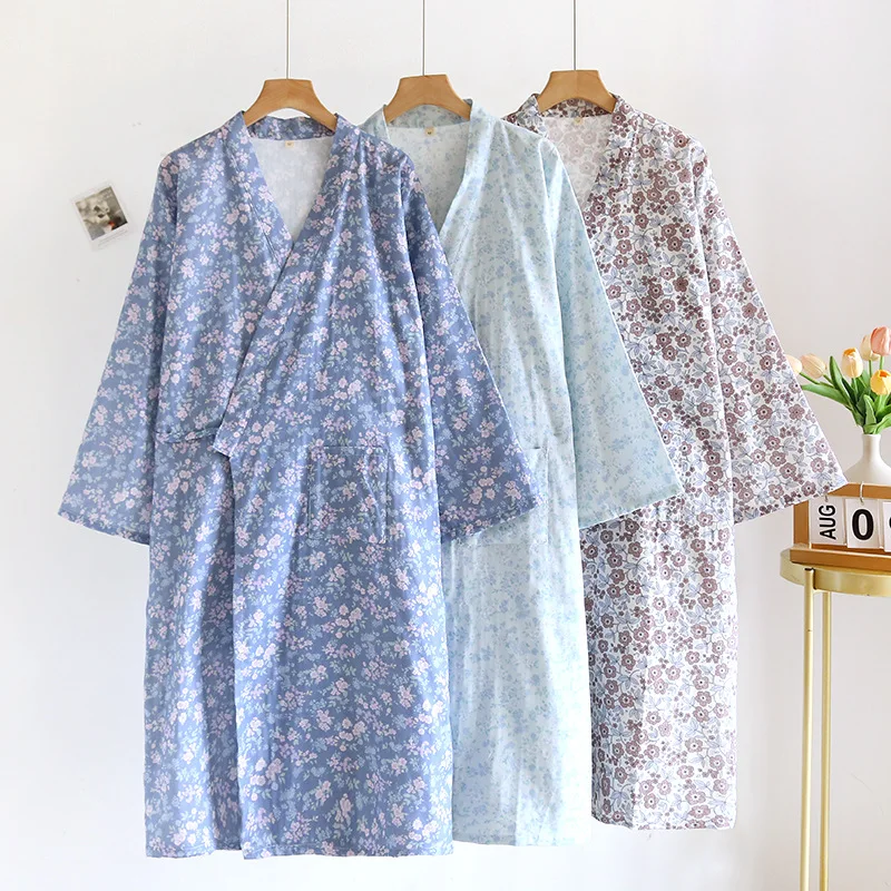 

100% Cotton Gauze Floral Nightgown Women Japanese Kimono Bathrobe Cotton Spring Summer Thin Sleepwear Lace Up Yukata Shower Robe