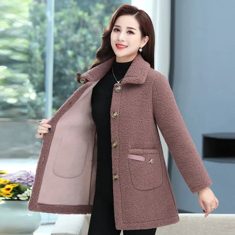 

New Middle Aged Elderly Women Plush Thicke Imitation Lamb Wool Coat Mother Clothes Medium Long Granular Velvet Winter Jacket 5XL