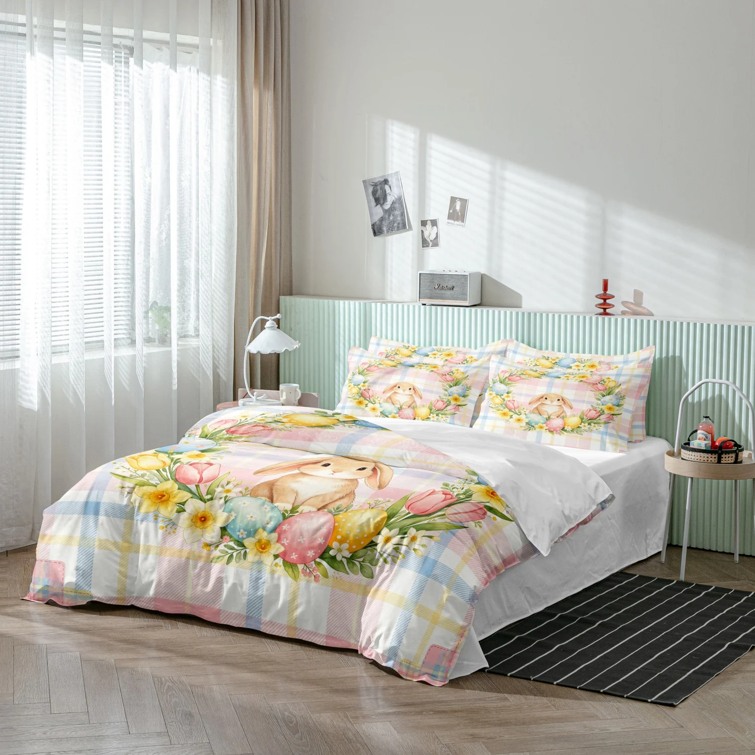 3Pcs Spring Rabbit Print Duvet Cover Set, Color Plaid Bunny Surrounded by Tulips, Daffodils and Decorated Eggs Print Bedding