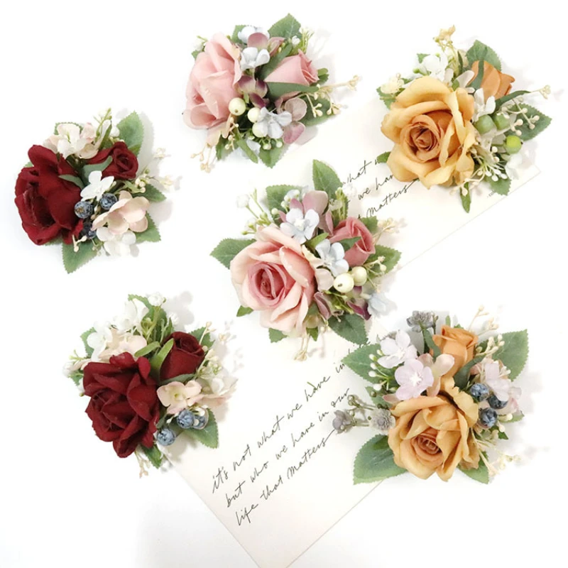 สีสันงานแต่งงาน Boutonniere ผ้าไหมกุหลาบ Corsage Bridesmaid ดอกไม้ที่ไม่ซ้ำกันพยาน Man Buttonhole ชุด Broche