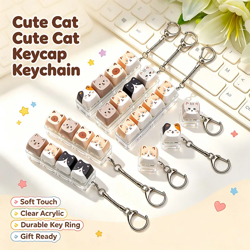 Cute Cat Keyboard Fidget 4 Keys Creative Design Keycap Keyring Finger Button Kawaii Mechanical Keyboard Keychain Party Gift