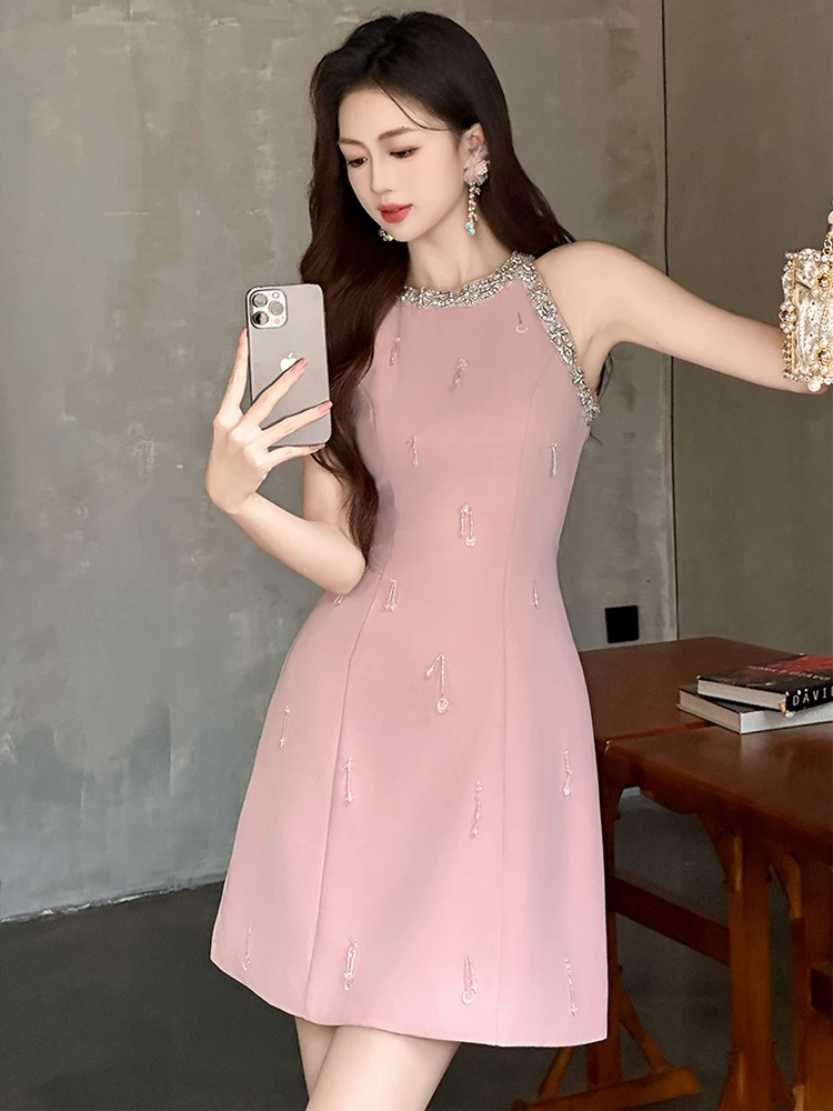 Neue Sommer y2k Dame rosa süßes Abendkleid Frauen kleider schick elegant Luxus sexy ärmellose schlanke kurze Party Geburtstag Vestido