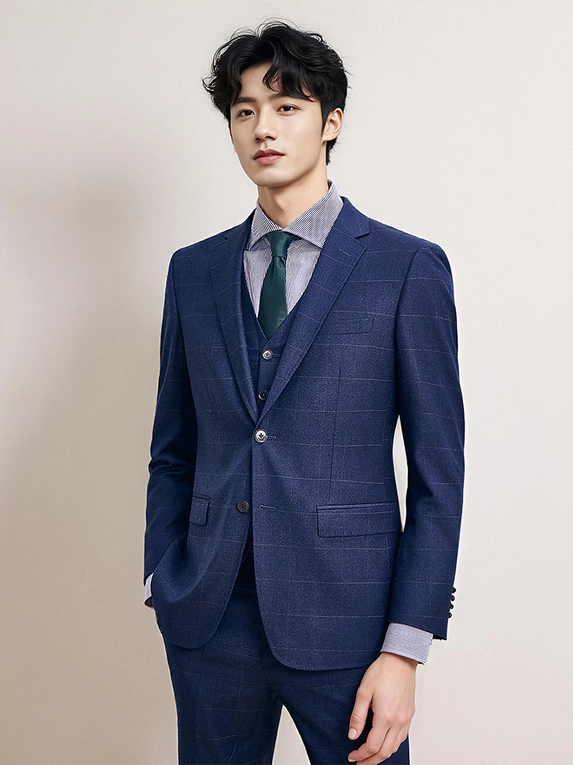 97% Wool Blue Plaid Suit for Men Wedding & Business Suit Set for Groom, Engagement, Formal Events British Style Premium Blazer