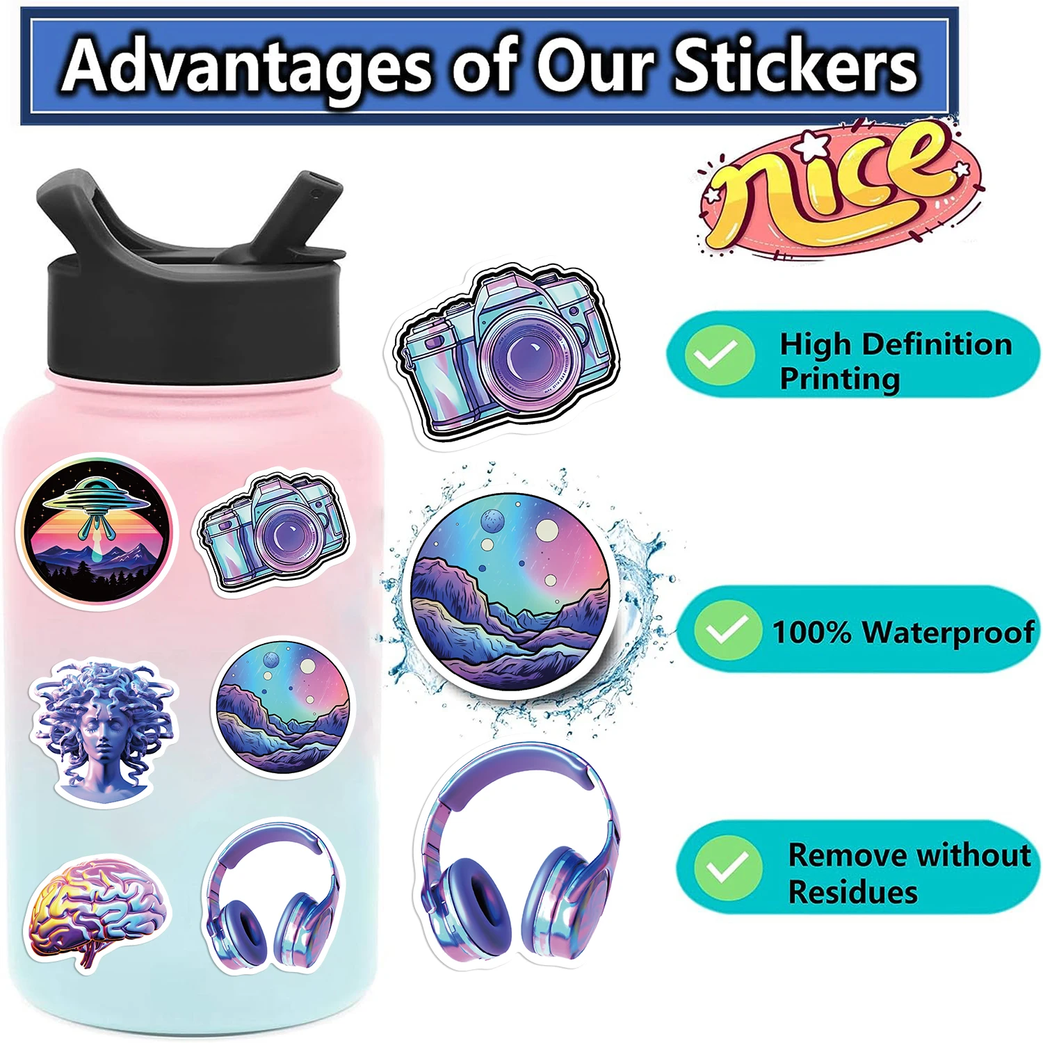 50pcs Cool Cartoon Laser Holographic Skull Stickers For Laptop Phone Guitar Luggage Diary Waterproof Graffiti Decals